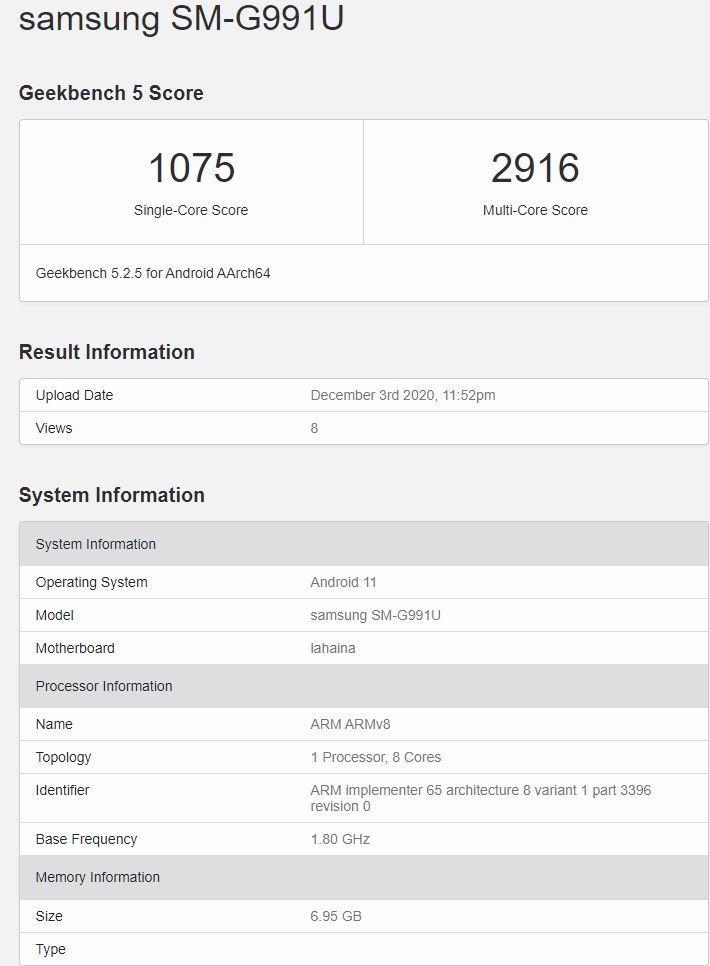 三星 Galaxy S21 現(xiàn)身 GeekBench：搭載驍龍 888 芯片，運行安卓 11