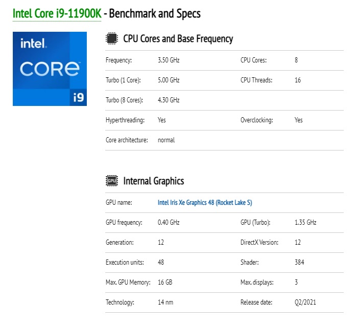 英特爾 i9-11900K 完整規(guī)格曝光：8C16T 睿頻 5GHz，核顯大升級