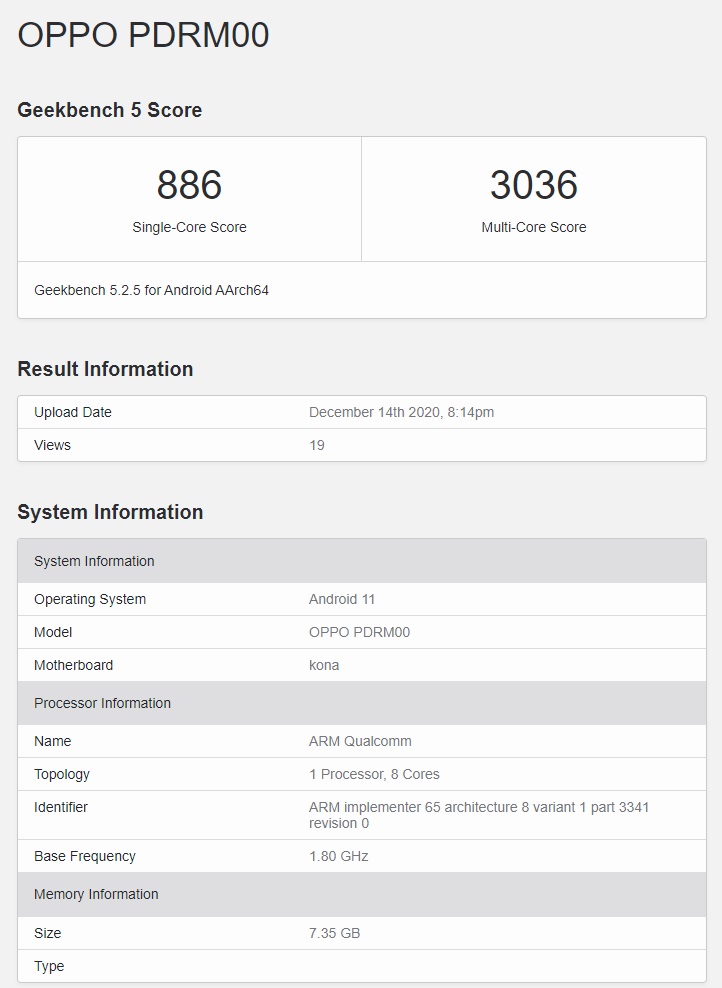 OPPO Reno5 Pro+ 現(xiàn)身 GeekBench，驍龍 865 加持