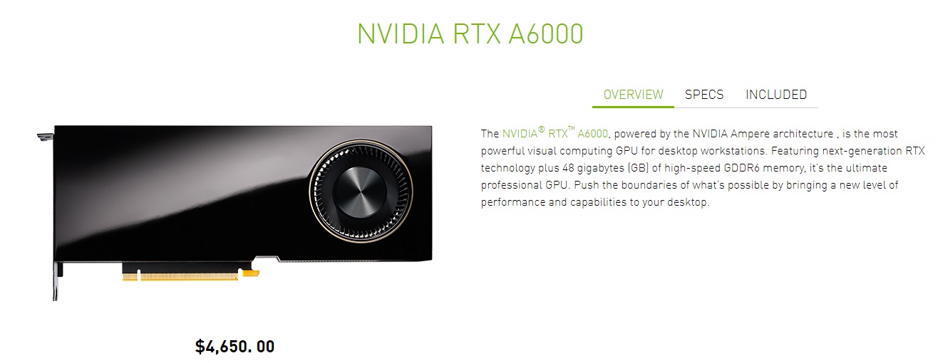 英偉達推出首款安培專業(yè)卡 RTX A6000，48GB 顯存，4650 美元