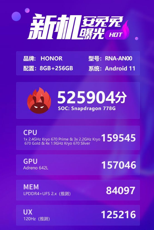 突破52萬分！榮耀50系列安兔兔跑分曝光：首發(fā)驍龍778G