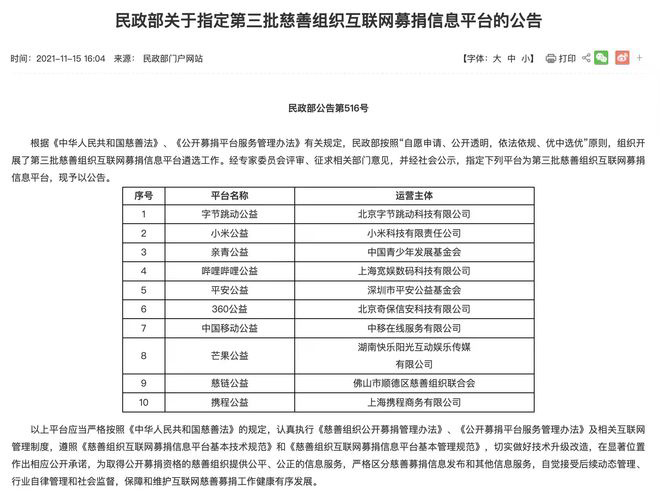 字節(jié)跳動、小米、B站等入選民政部第三批慈善組織互聯(lián)網(wǎng)募捐信息平臺