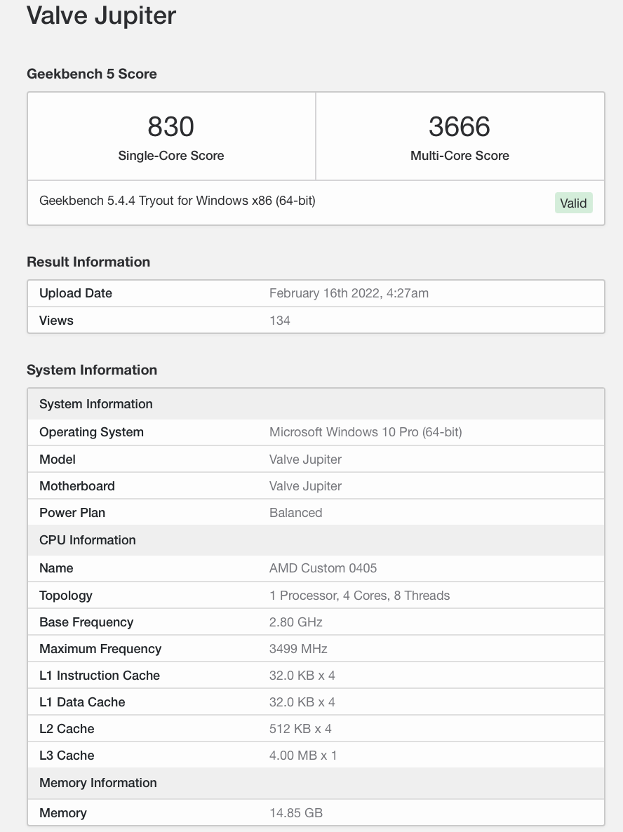 Steam Deck 掌機(jī)現(xiàn)身 Geekbench:CPU 性能類(lèi)似 R7 3700U