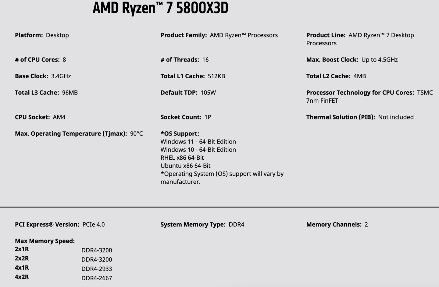 AMD 官網(wǎng)公布 R7 5800X3D 參數(shù)：96MB 三級緩存，即將上市