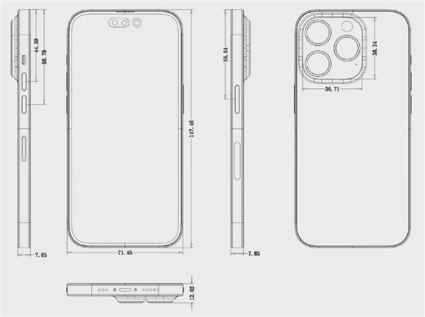 iPhone 14 Pro詳細(xì)尺寸圖曝光：比前代更厚、感嘆號挖孔面積巨大