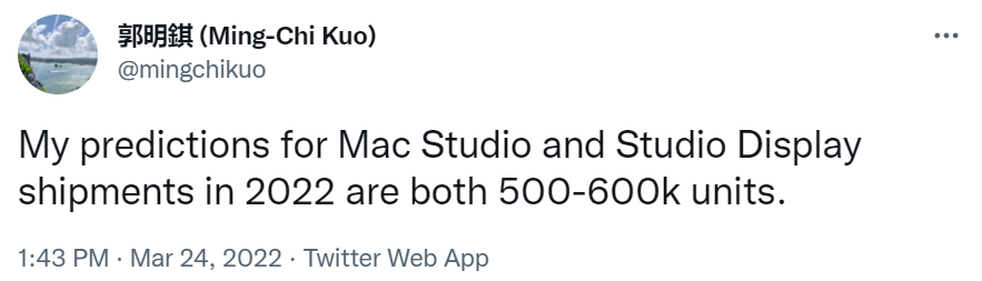 郭明錤:預(yù)計蘋果 Mac Studio 和 Studio Display 2022 年出貨量均為 50-60 萬臺