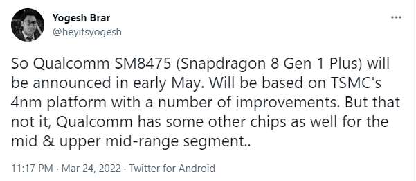 消息稱高通驍龍 8 Gen 1 + 將于 5 月初發(fā)布：采用臺(tái)積電 4 納米工藝，解決過熱降頻問題