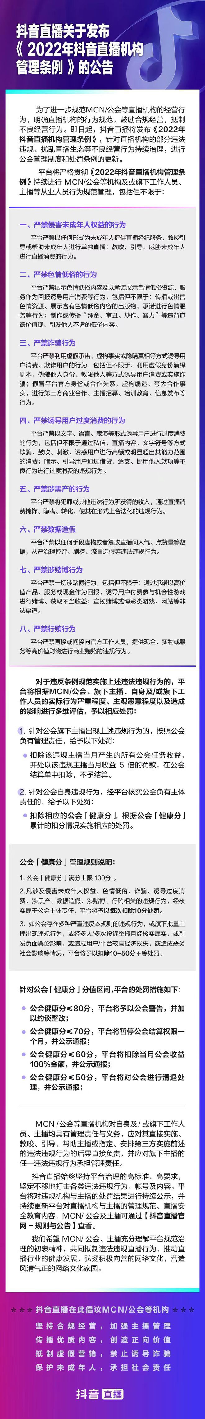 抖音直播推出直播機(jī)構(gòu)“健康分”制度，滿分 100 低于 50 直接清退